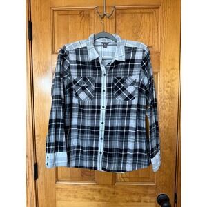 Eddie Bauer Womens Plaid Flannel Shirt Black White Grey Long Sleeve Cotton Large